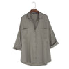 Turn-down Collar Loose Big Pocket Tencel Blouse for Ladies
