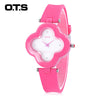 OTS T1152L Children Quartz Watch Flower Shape Artificial Diamond Dial Leather Band Wristwatch
