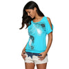 Chic Scoop Collar Cold Shoulder Printed T-Shirt for Women