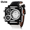 Oulm 3595 Three Movt Quartz Watch Rectangle Dial Canvas + Leather Band Wristwatch