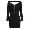Sexy Off The Shoulder Long Sleeve Pure Color Knitted Zipper Type Mini Dress for Ladies