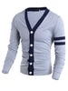 Korean Style V-Neck Color Block Stripes Purfled Design Long Sleeves Cotton Blend Cardigan For Men