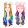 Harajuku Cosplay Mixed Colors Long Wavy Synthetic Wig with Bangs Wreath for Women