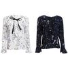 Stylish Bow Tie Decoration Collar Flare Sleeve Floral Print Loose Blouse for Ladies