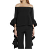 Sexy Off The Shoulder Flare Sleeve Pure Color Flounced Blouse for Women