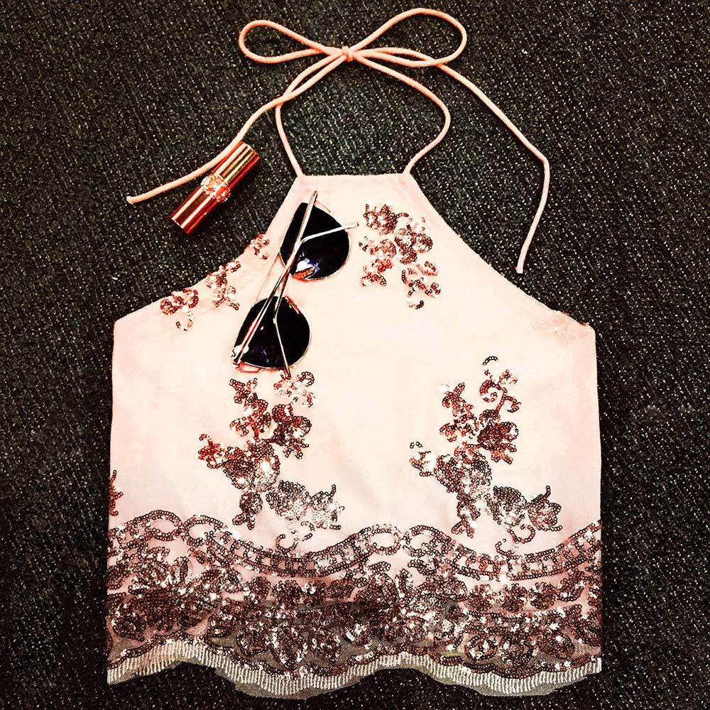 Sequins Lace Up Backless Crop Top