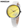 MINGZAN 6107 Women Quartz Watch Flower Pattern Dial Leather Strap Female Wristwatch