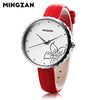 MINGZAN 6107 Women Quartz Watch Flower Pattern Dial Leather Strap Female Wristwatch