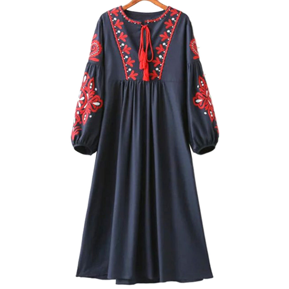 Round Neck Lantern Sleeve Embroidered Dress