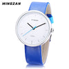 MINGZAN 6221 Unisex Quartz Watch Leather Band Daily Water Resistance Concise Dial Wristwatch