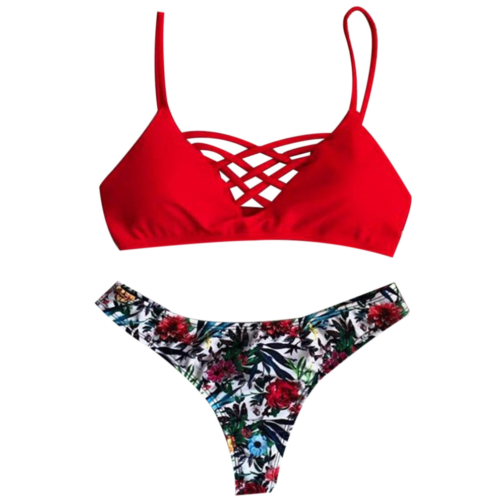 Spaghetti Straps Lace Up Printed Bikini Set for Women