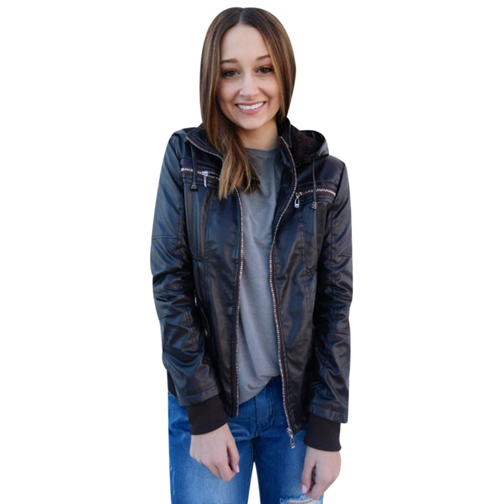 Women Chic Hooded Solid Color Detachable Sleeve Faux Leather Jacket