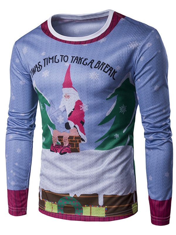Crew Neck 3D Father Christmas and Roof Print T-Shirt