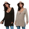 Fashion V-neck Long Sleeve Slit Design Pure Color Backless Women Sweater