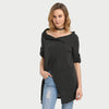 Trendy Button Design Pure Color Slit Asymmetrical Blouse for Ladies
