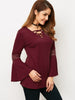 V Neck Lace-Up Flare Sleeve Loose T-Shirt