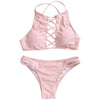 Women Novelty Halter Neck Solid Color Lace-up Hollow Out Bikini Set