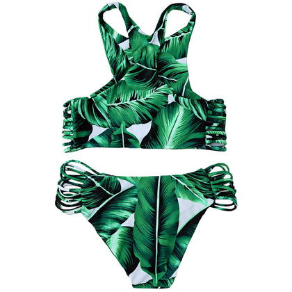 High Neck Leaf Print Racerback String Bikini Set