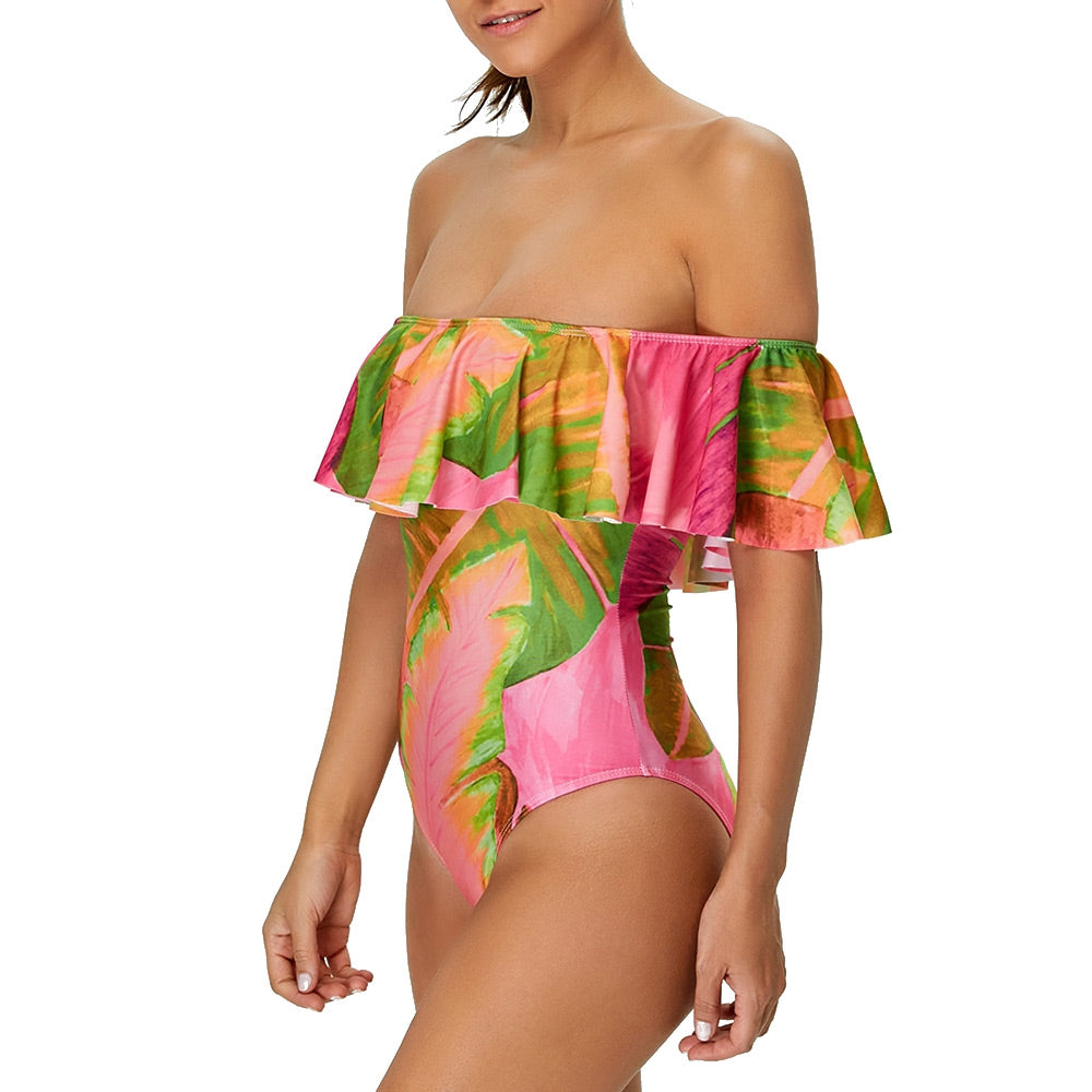 Off Shoulder Leaf Print Swimwear