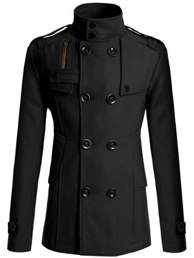 Stand Collar Zipper Design Double Breasted Woolen Blends Coat