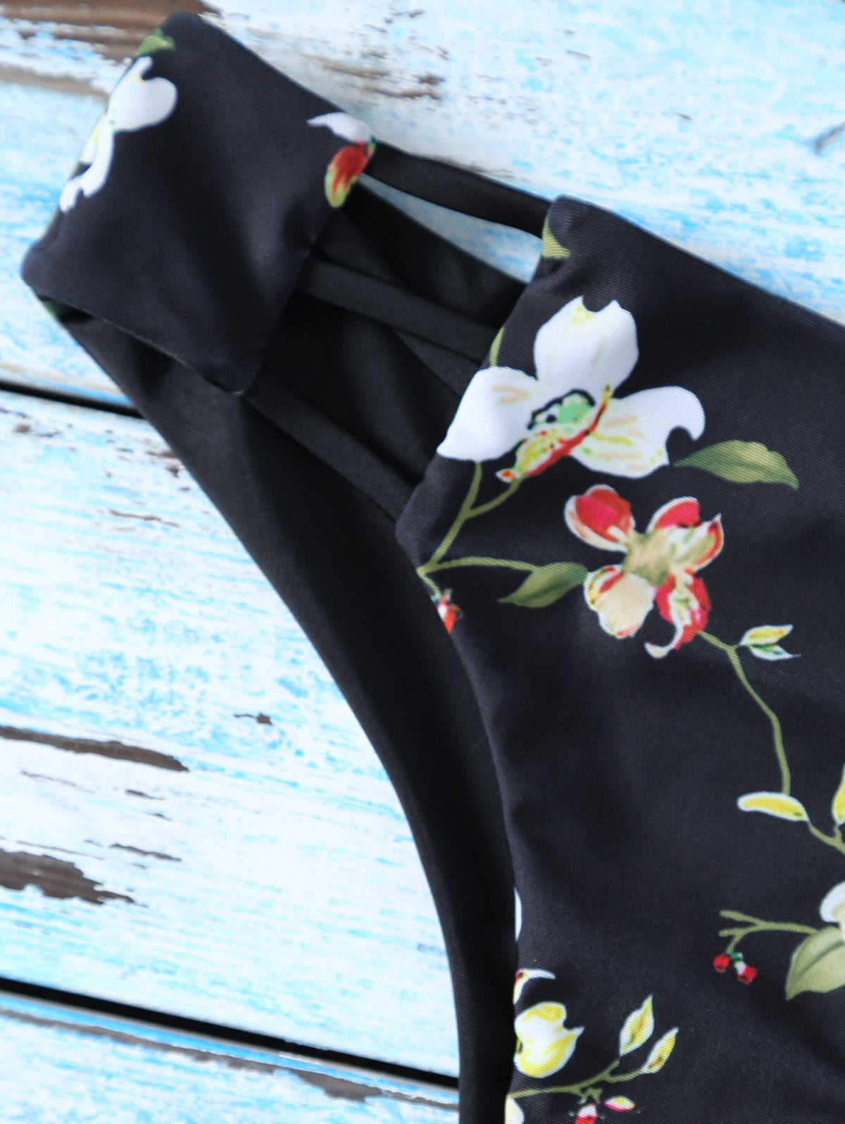 High Neck Floral Cutout Strappy Bikini Swimsuit