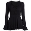 Sexy Plunging Neck Long Sleeve Ruffled Slimming Solid Color T-Shirt for Women