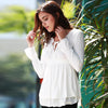 Sexy Plunging Neck Long Sleeve Ruffled Slimming Solid Color T-Shirt for Women