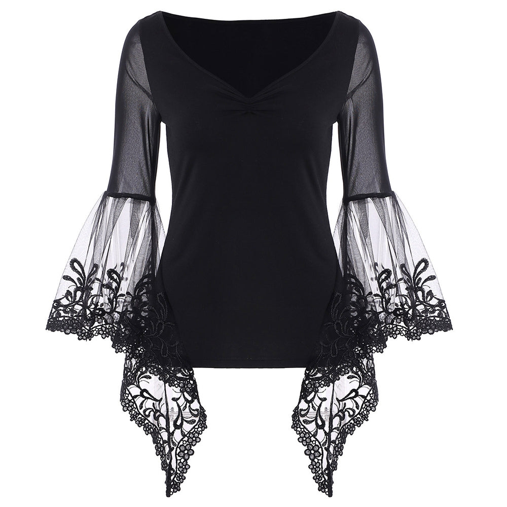V Neck Bell Sleeve Sheer Lace Panel T-Shirt