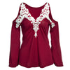 Sexy V-Neck Flare Sleeve Cut Out Lacework Deisgn Spliced T-Shirt for Women