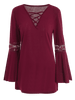 V Neck Lace-Up Flare Sleeve Loose T-Shirt
