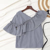 Asymmetric Plaid Ruffle Flare Sleeve Top