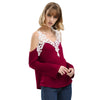 Sexy V-Neck Flare Sleeve Cut Out Lacework Deisgn Spliced T-Shirt for Women