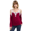 Sexy V-Neck Flare Sleeve Cut Out Lacework Deisgn Spliced T-Shirt for Women