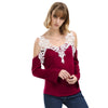 Sexy V-Neck Flare Sleeve Cut Out Lacework Deisgn Spliced T-Shirt for Women