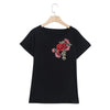 Round Collar Short Sleeve Floral Embroidery Women T-shirt