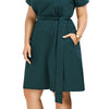 Plus Size Belted Knee Length Dress With Pockets