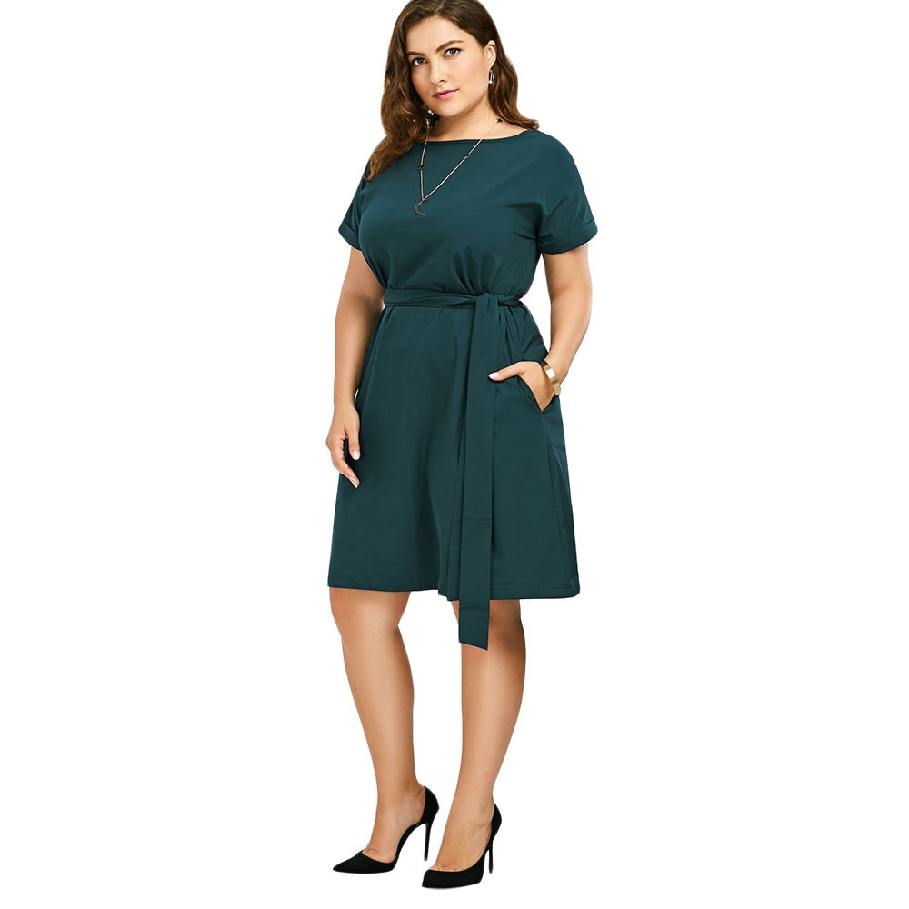 Plus Size Belted Knee Length Dress With Pockets