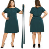 Plus Size Belted Knee Length Dress With Pockets