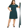 Plus Size Belted Knee Length Dress With Pockets