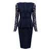 V Neck Long Sleeve See-through Lace Spliced Women Dress