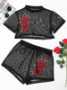 Patched Floral Mesh Crop Top with Shorts