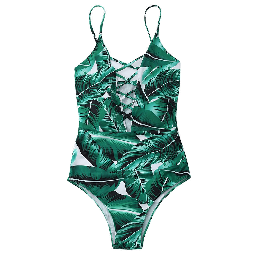 Lace Up Criss Cross Leaf Print Swimsuit
