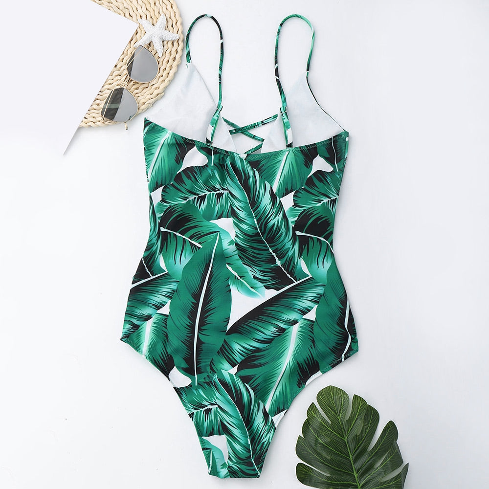 Lace Up Criss Cross Leaf Print Swimsuit