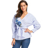 Embroidery Wrap Blouse with Tie Belt