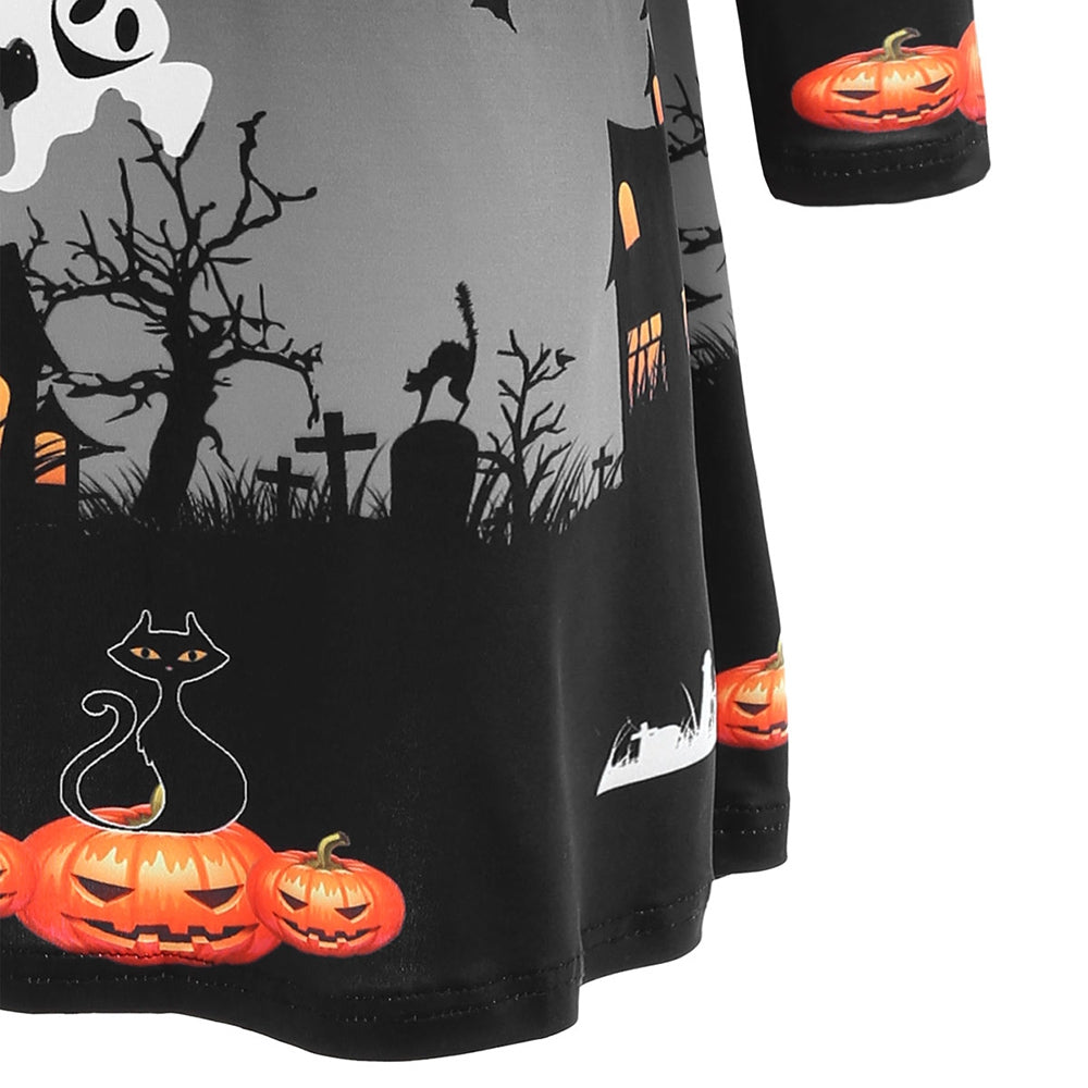Pumpkin Bat Print Long Sleeve Halloween Swing Dress