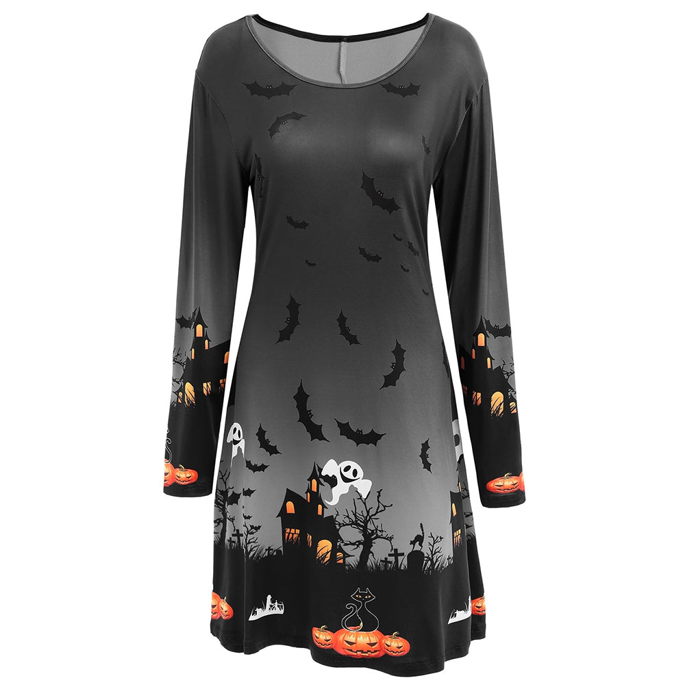 Pumpkin Bat Print Long Sleeve Halloween Swing Dress