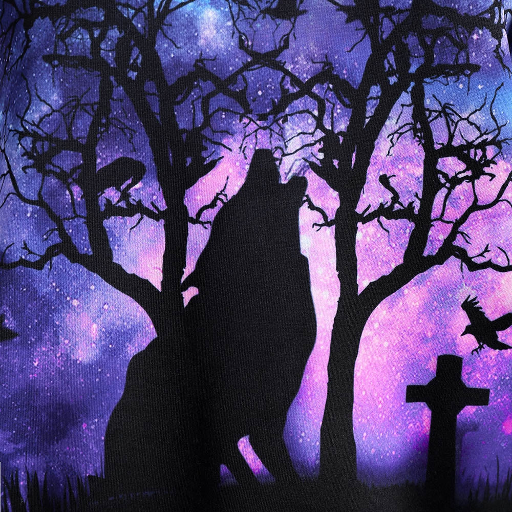 Halloween Galaxy and Wolf Print Drawstring Hoodie