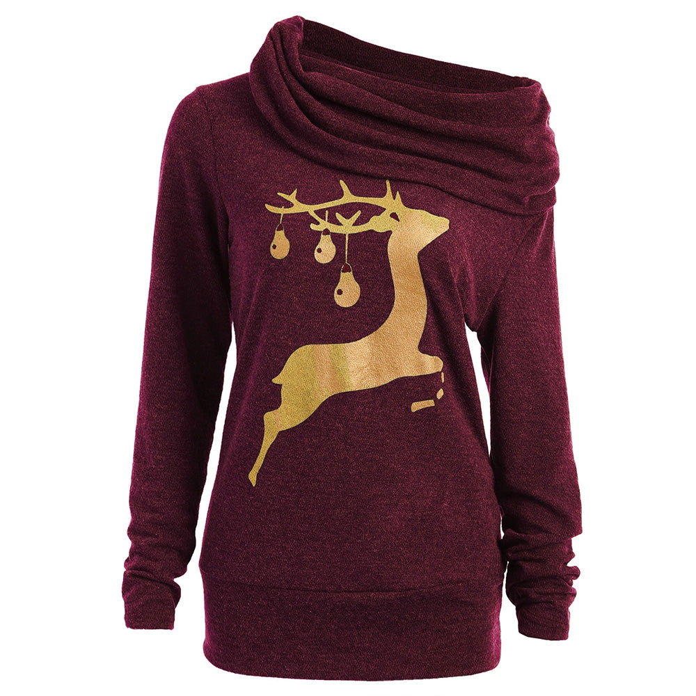 Elk Deer Print Cowl Neck Pullover Sweatshirt