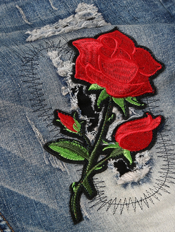 Graphic Rose Embroidered Bleached Ripped Jeans