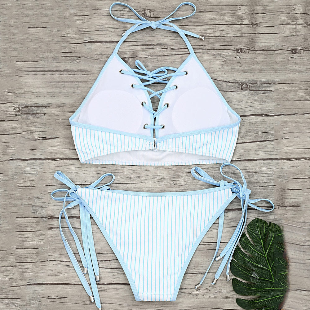 Tie Side Striped Lace-up Bikini Set